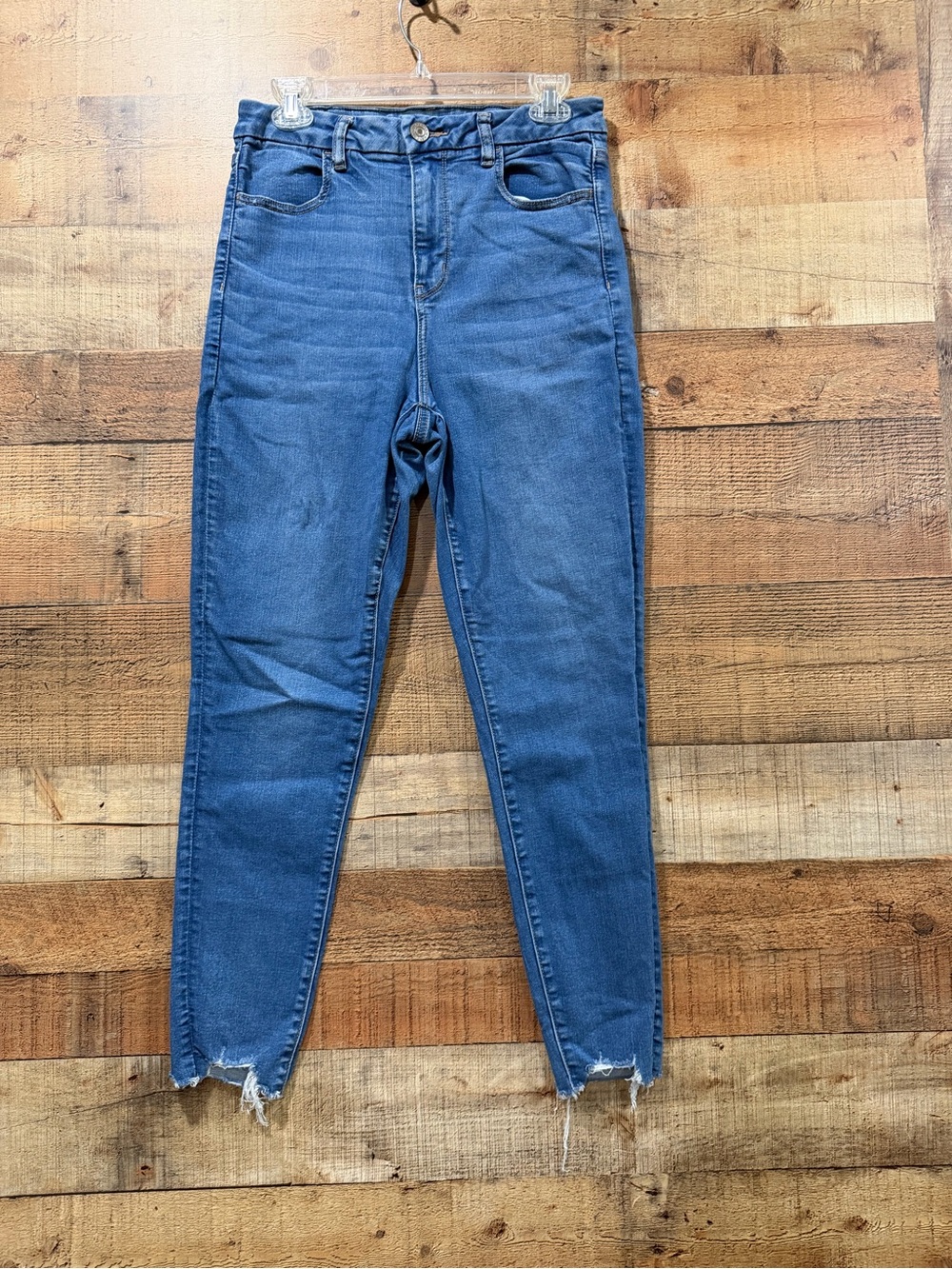 American Eagle Curvy High Rise Stretchy Blue Raw Hem Jeggings Size 12 Reg